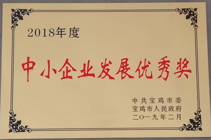 2018年度中小企業(yè)發(fā)展優(yōu)秀獎